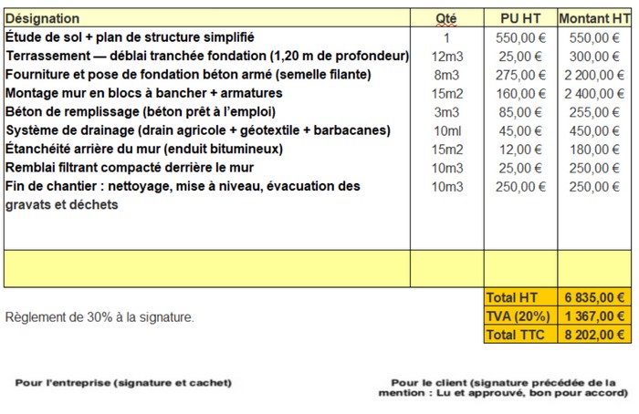 devis de mur de soutènement