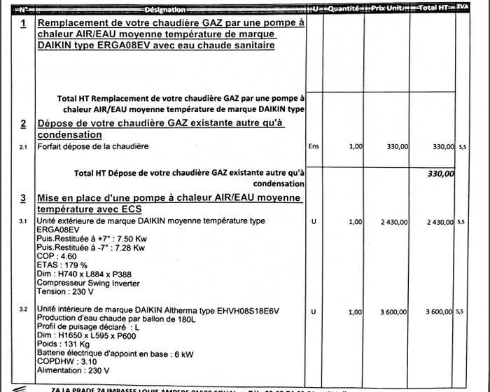 Devis d'une pompe à chaleur