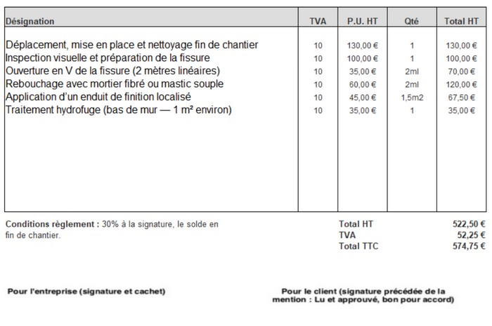 devis pour une réparation de fissure